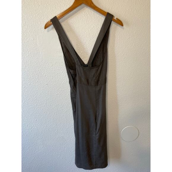 theory Olive Green/ Brown Linen Blend V Neck Cross Back Mini Sundress Size 2 Y2K - Picture 11 of 14